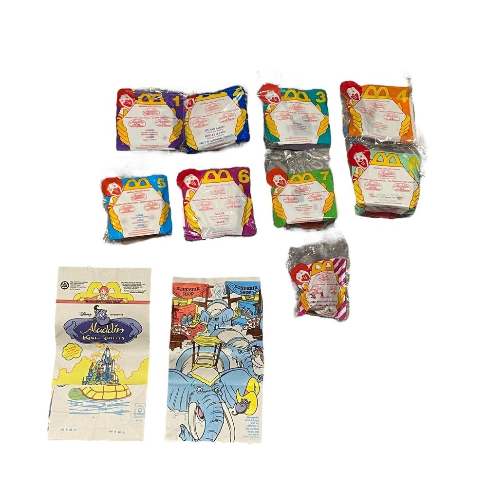 McDonald's ALADDIN KING OF THIEVES Happy Meal Toy 1996 Lot Of 8 + Under 3 + Bags